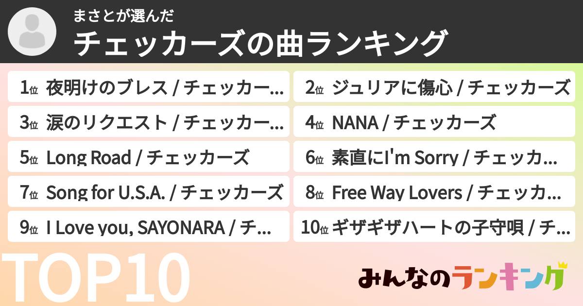 まさとさんの「チェッカーズの曲ランキング」