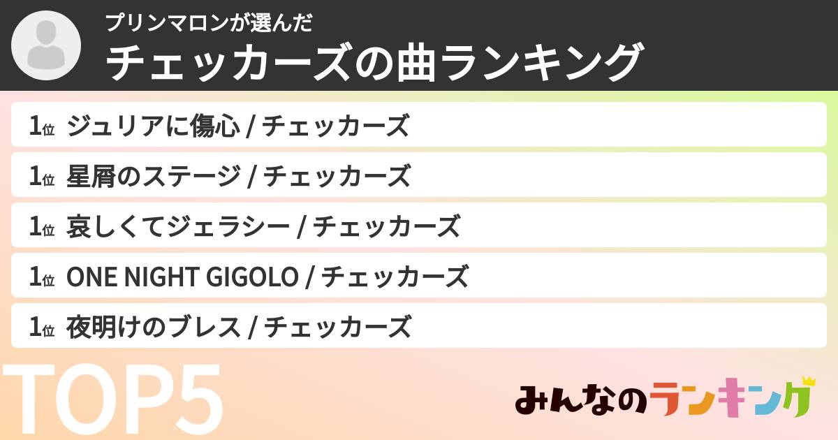 プリンマロンさんの「チェッカーズの曲ランキング」