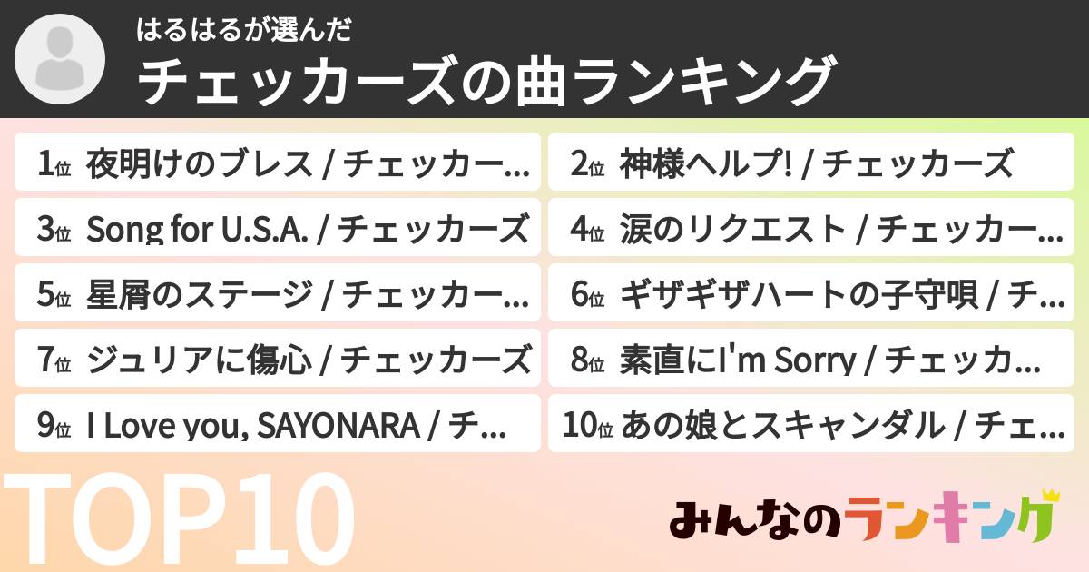はるはるさんの「チェッカーズの曲ランキング」