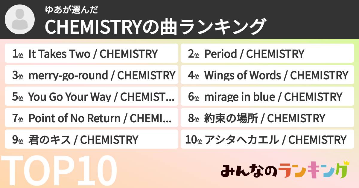 ゆあさんの「CHEMISTRYの曲ランキング」