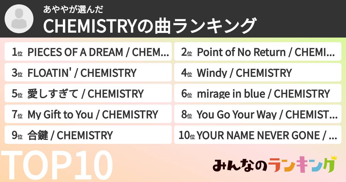あややさんの「CHEMISTRYの曲ランキング」