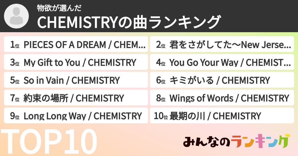 物欲さんの「CHEMISTRYの曲ランキング」