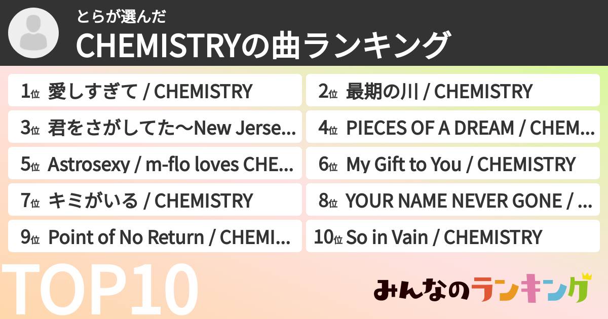とらさんの「CHEMISTRYの曲ランキング」