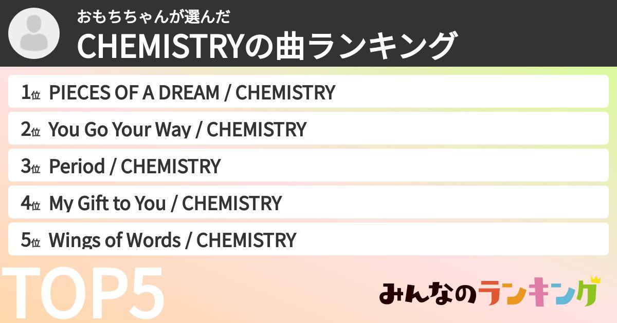 おもちちゃんさんの「CHEMISTRYの曲ランキング」