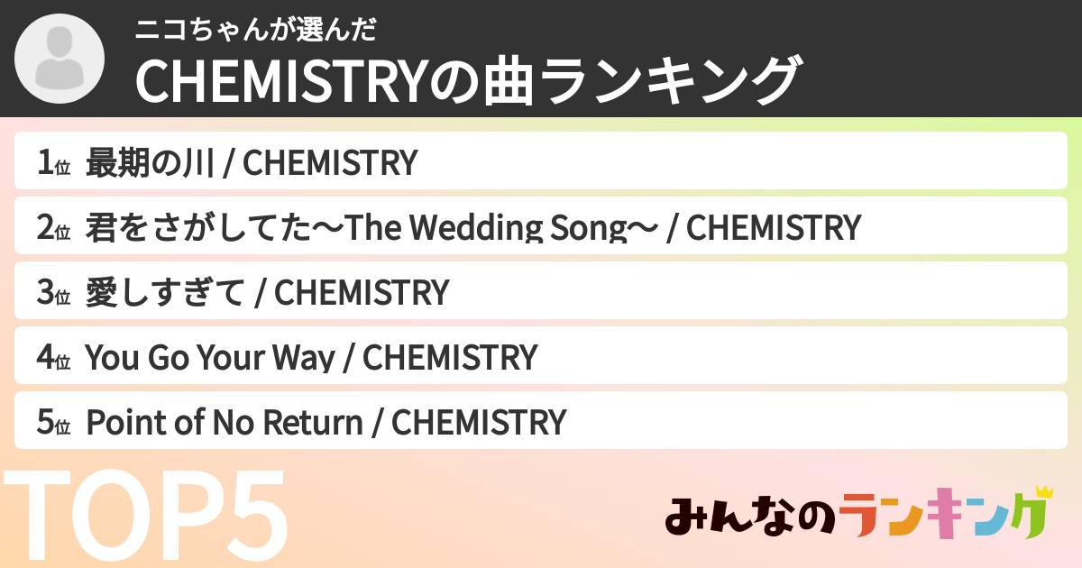 ニコちゃんさんの「CHEMISTRYの曲ランキング」