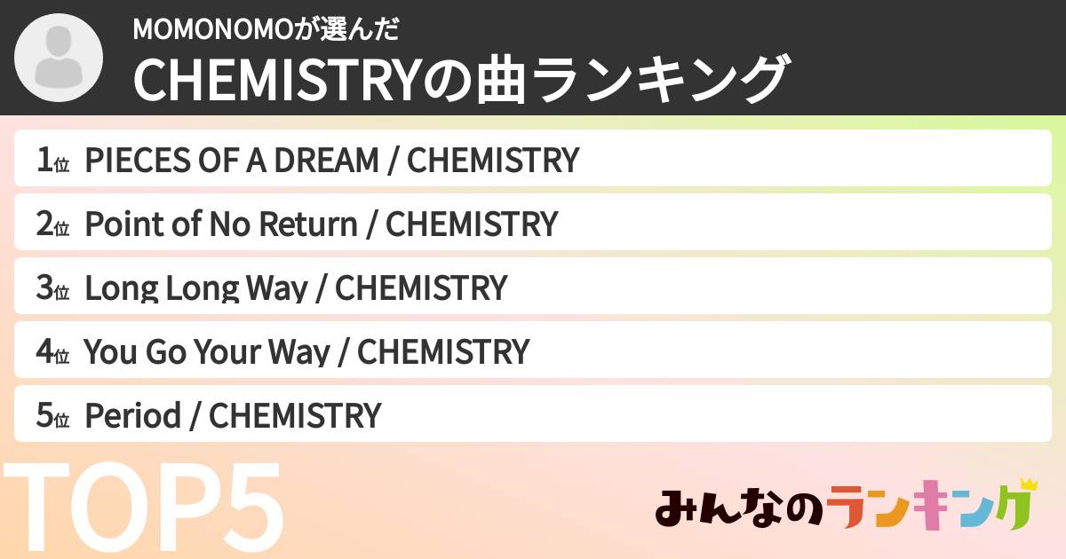 MOMONOMOさんの「CHEMISTRYの曲ランキング」