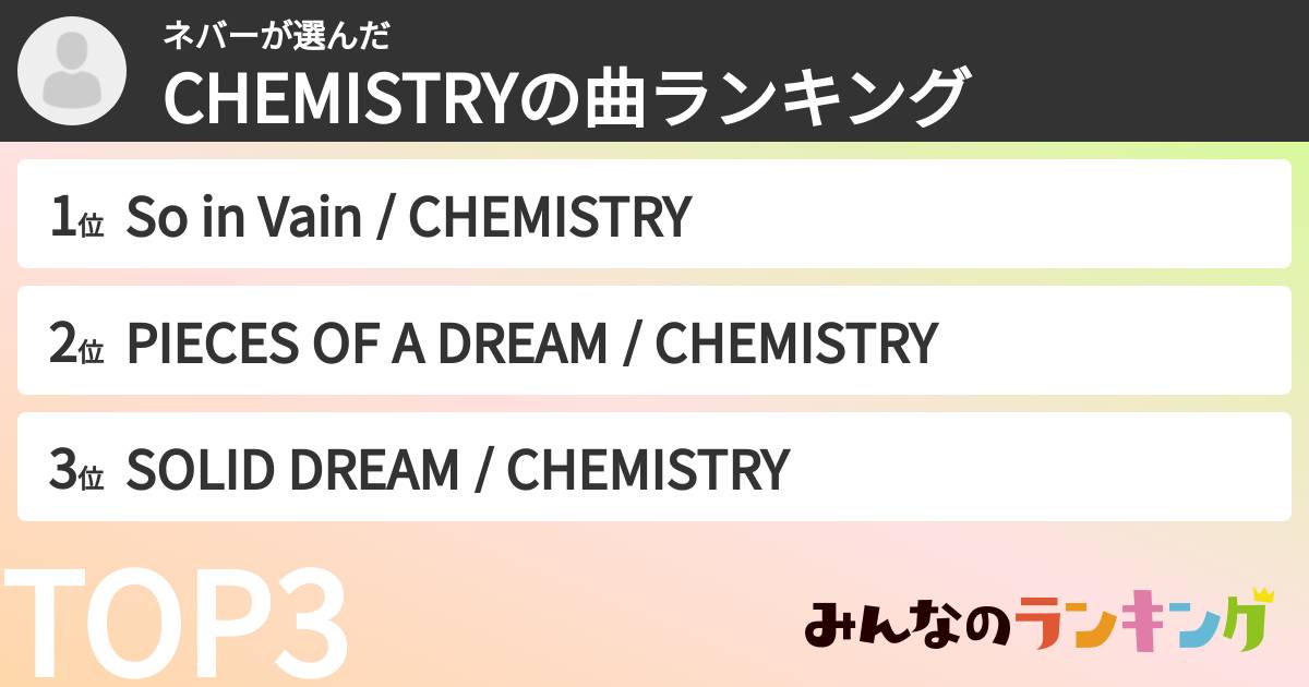 ネバーさんの「CHEMISTRYの曲ランキング」