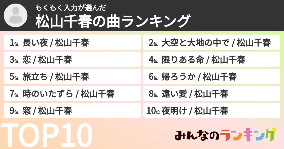 もくもく入力さんの「松山千春の曲ランキング」