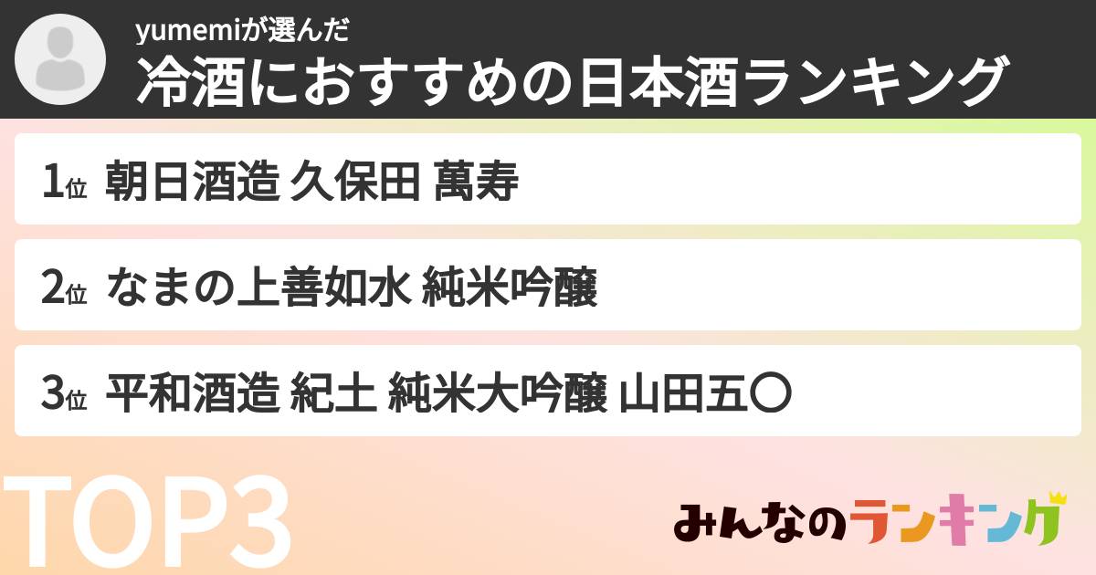 yumemiさんの「冷酒におすすめの日本酒ランキング」