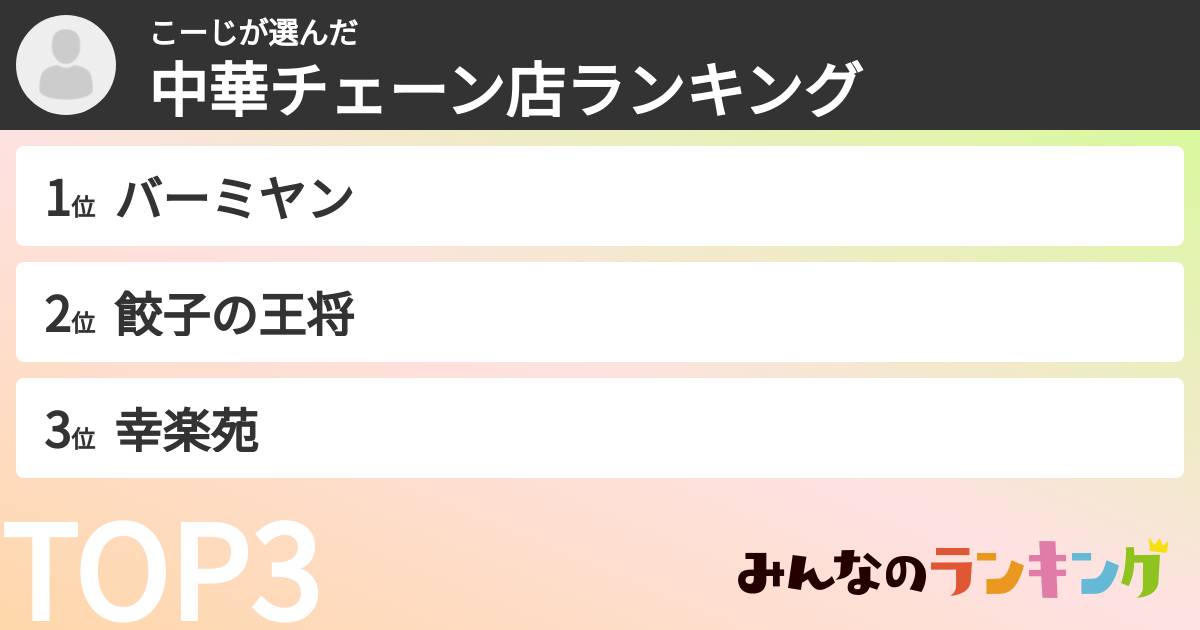 こーじさんの「中華チェーン店ランキング」
