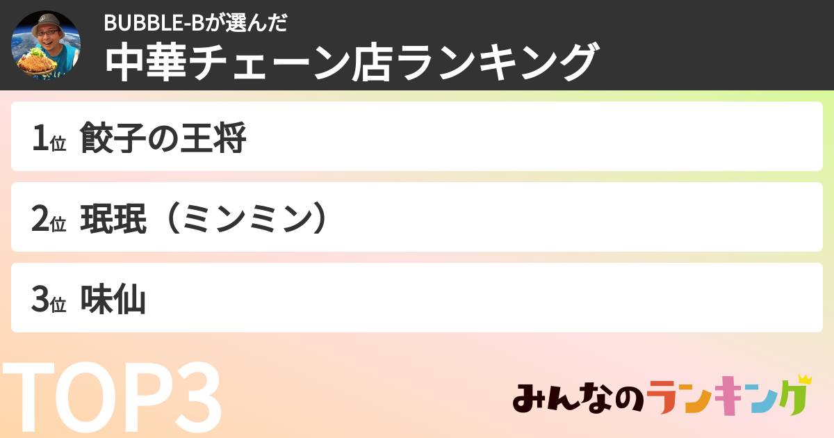BUBBLE-Bさんの「中華チェーン店ランキング」