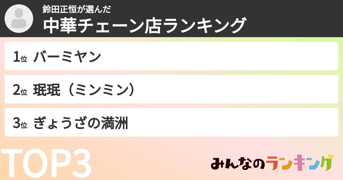 鈴田正恒さんの「中華チェーン店ランキング」