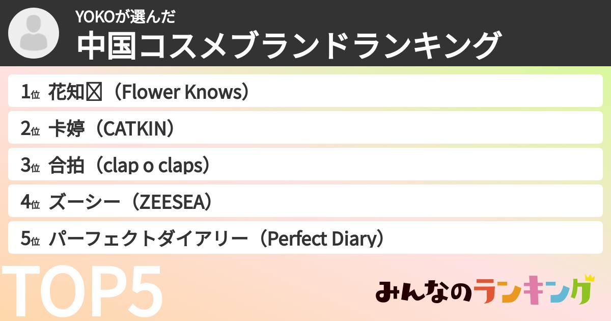 YOKOさんの「中国コスメブランドランキング」
