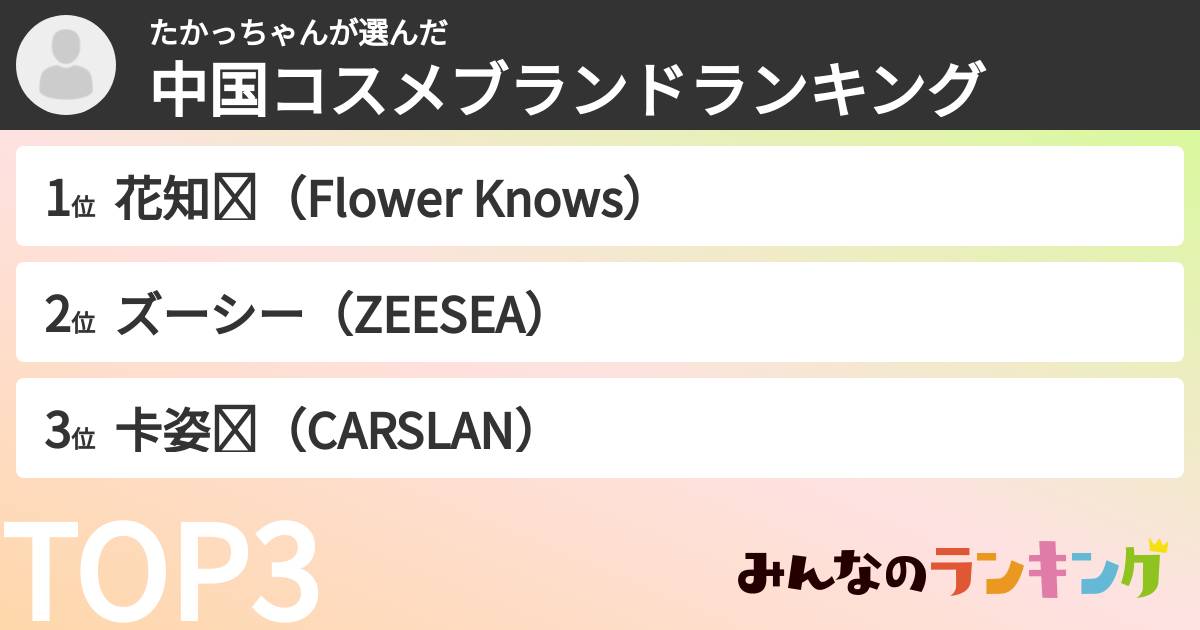 たかっちゃんさんの「中国コスメブランドランキング」