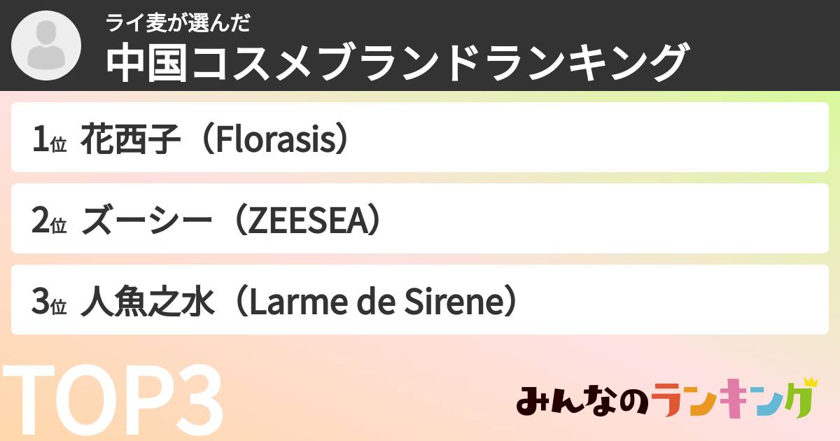 ライ麦さんの「中国コスメブランドランキング」