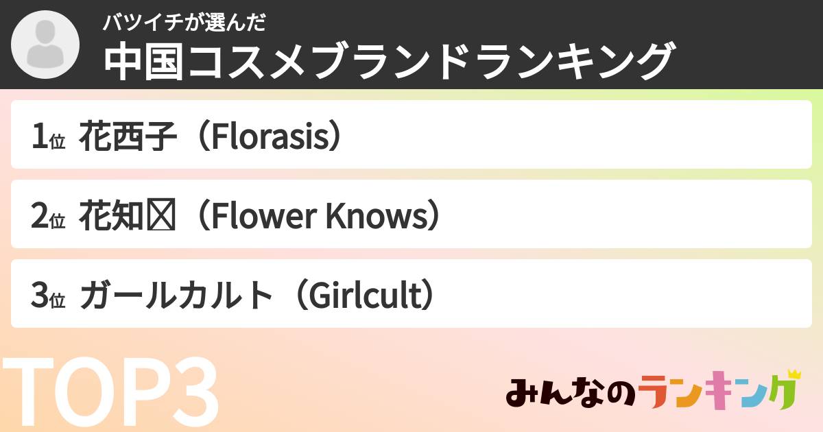 バツイチさんの「中国コスメブランドランキング」