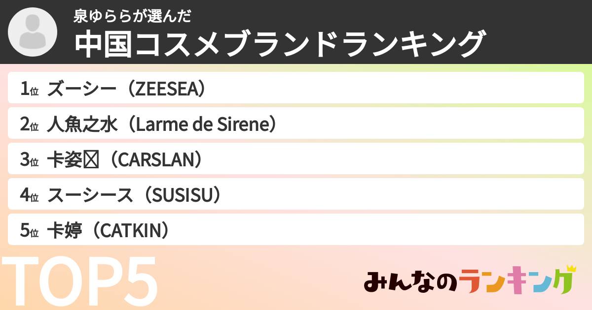泉ゆららさんの「中国コスメブランドランキング」
