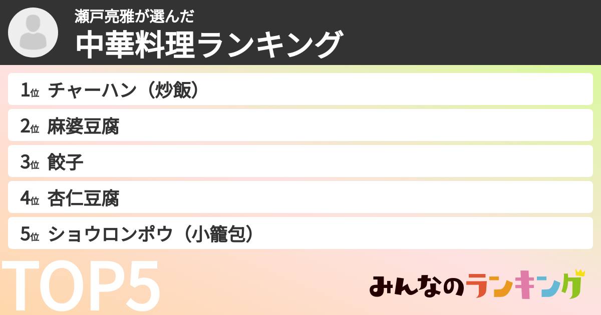 瀬戸亮雅さんの「中華料理ランキング」