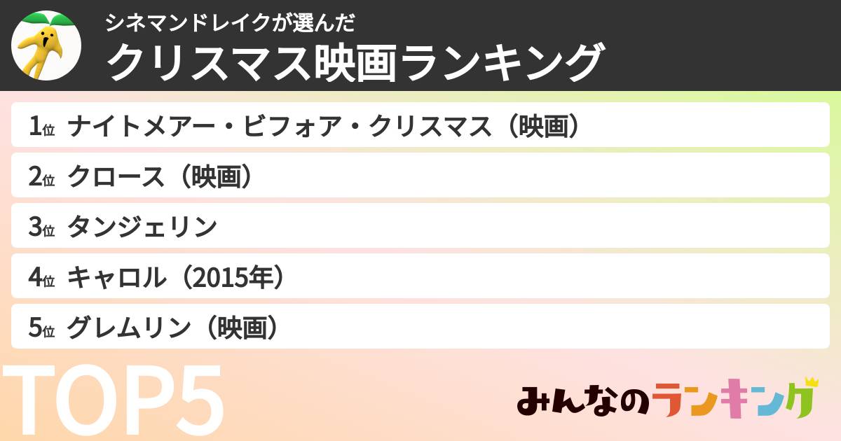 シネマンドレイクさんの「クリスマス映画ランキング」
