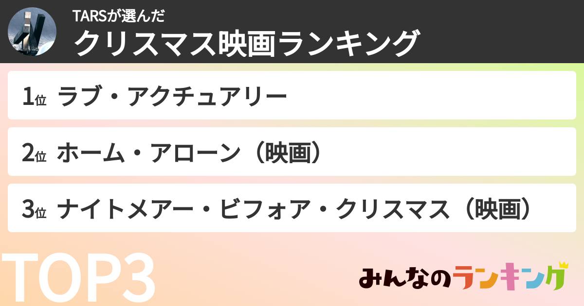 TARSさんの「クリスマス映画ランキング」