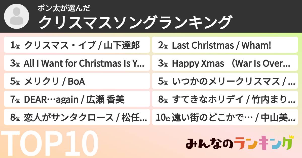 ポン太さんの「クリスマスソングランキング」