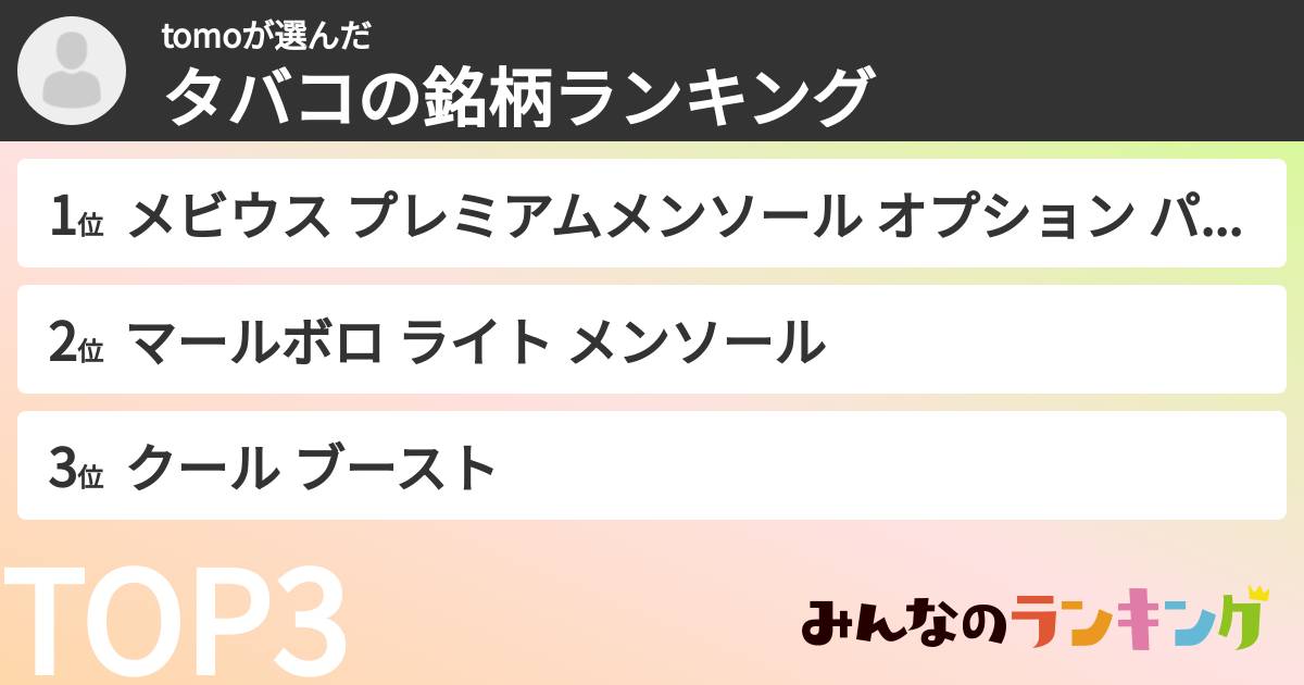 tomoさんの「タバコの銘柄ランキング」