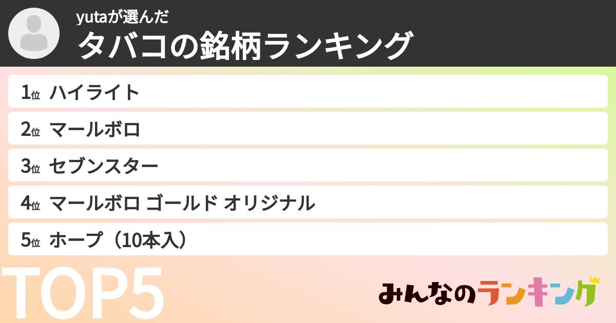 yutaさんの「タバコの銘柄ランキング」