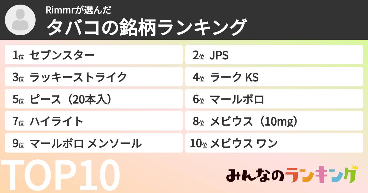Rimmrさんの「タバコの銘柄ランキング」
