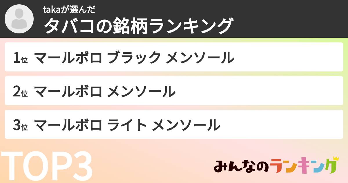 takaさんの「タバコの銘柄ランキング」