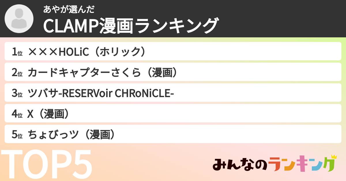 あやさんの「CLAMP漫画ランキング」