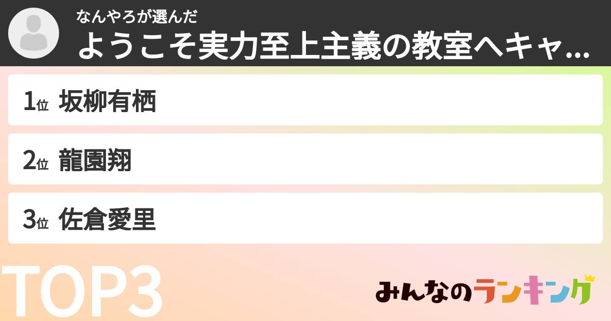 なんやろさんの「ようこそ実力至上主義の教室へキャラランキング」