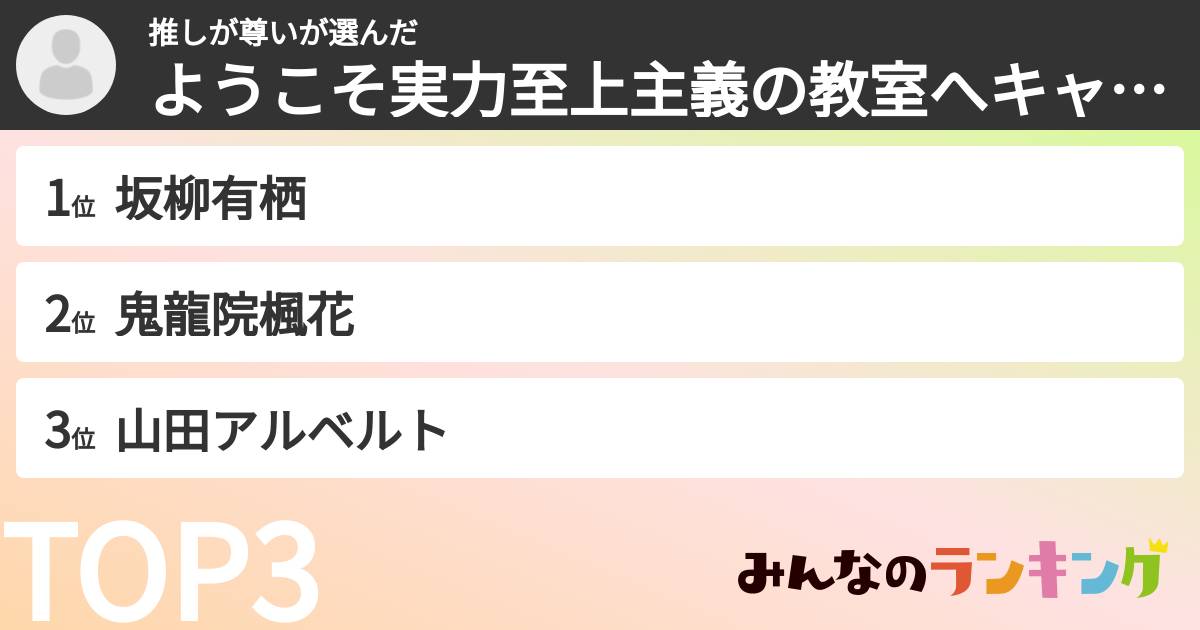 推しが尊いさんの「ようこそ実力至上主義の教室へキャラランキング」