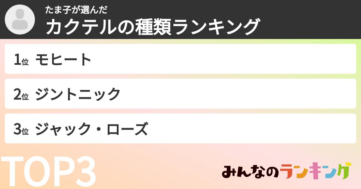 たま子さんの「カクテルの種類ランキング」
