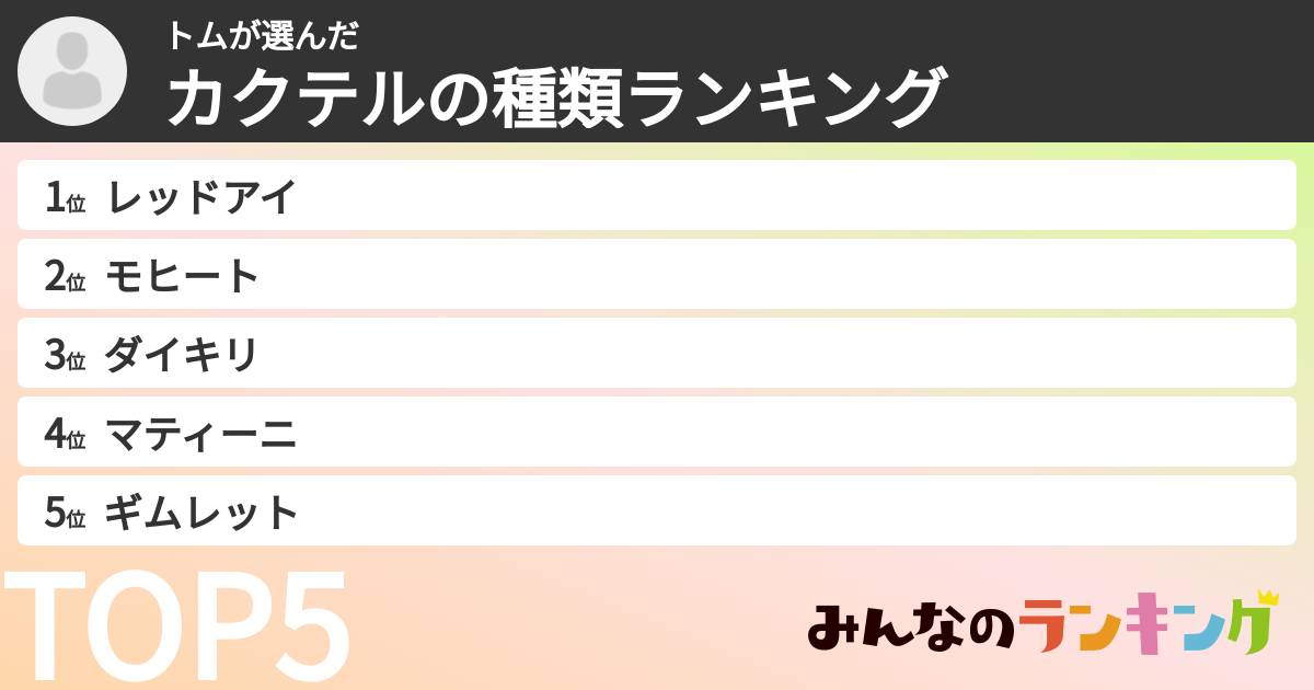 トムさんの「カクテルの種類ランキング」