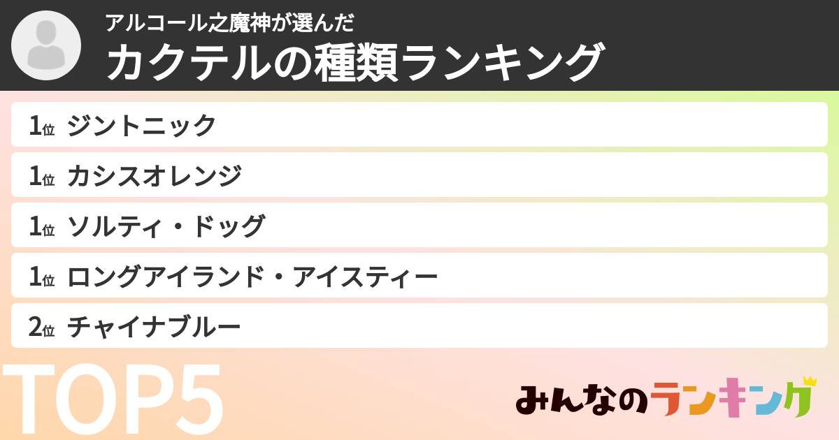 アルコール之魔神さんの「カクテルの種類ランキング」