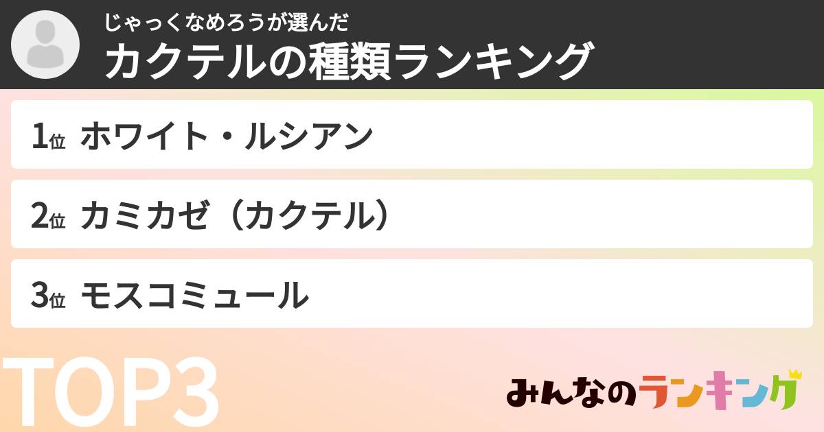 じゃっくなめろうさんの「カクテルの種類ランキング」