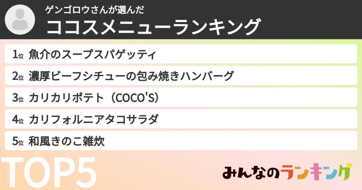 ゲンゴロウさんさんの「ココスメニューランキング」