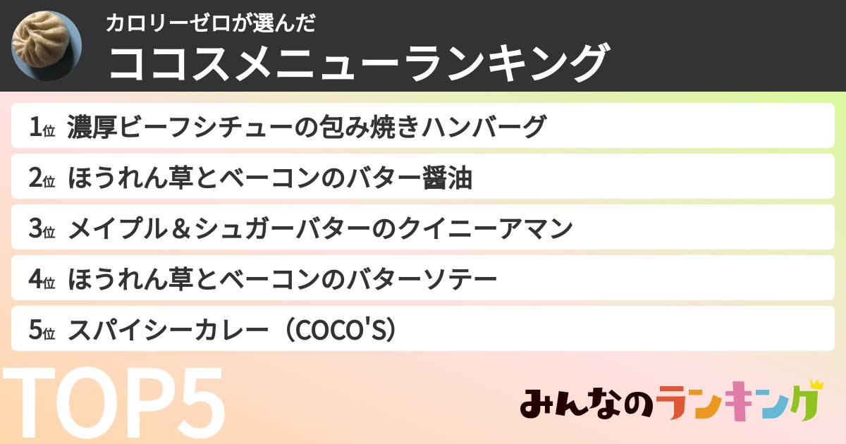 カロリーゼロさんの「ココスメニューランキング」