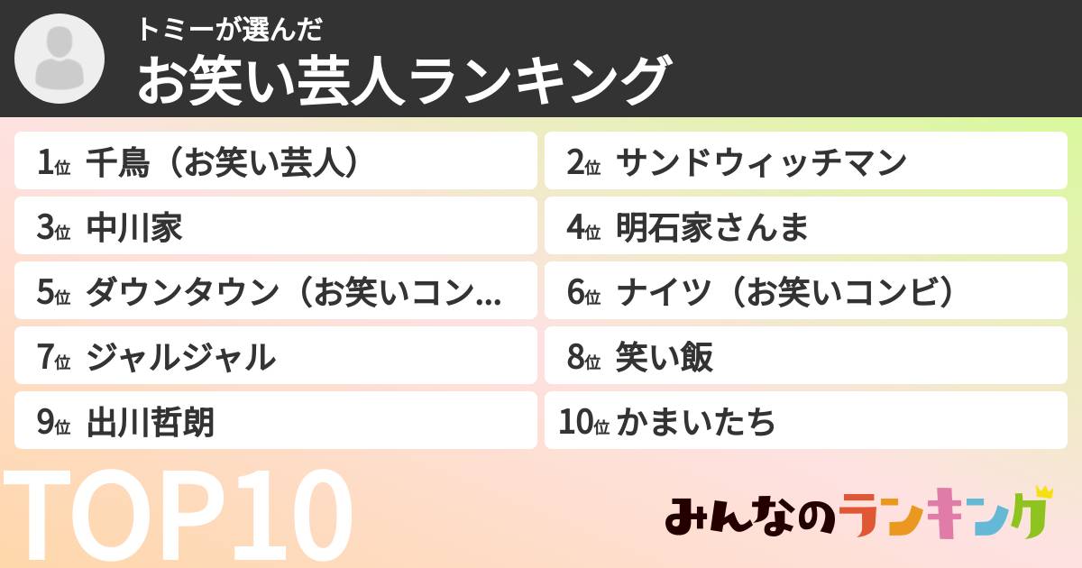 トミーさんの「お笑い芸人ランキング」
