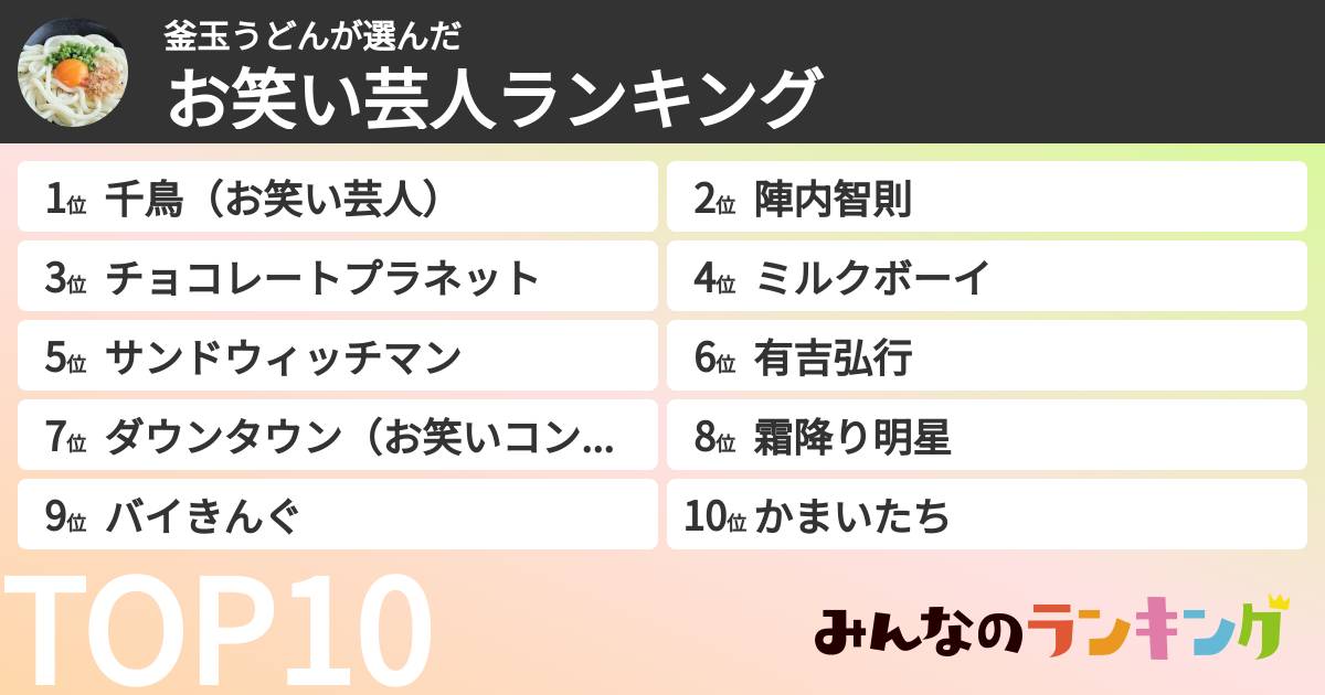 釜玉うどんさんの「お笑い芸人ランキング」