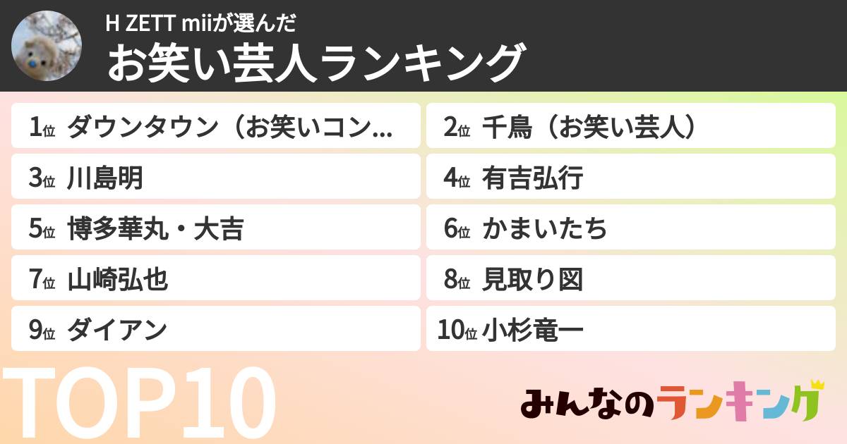 H ZETT miiさんの「お笑い芸人ランキング」