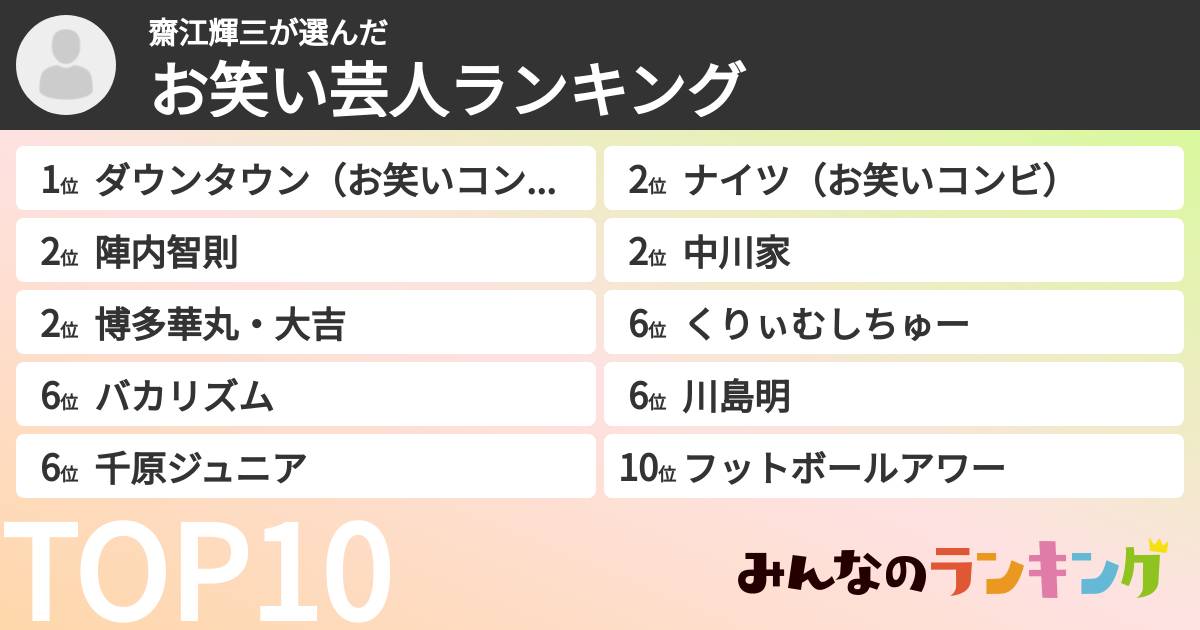 齋江輝三さんの「お笑い芸人ランキング」