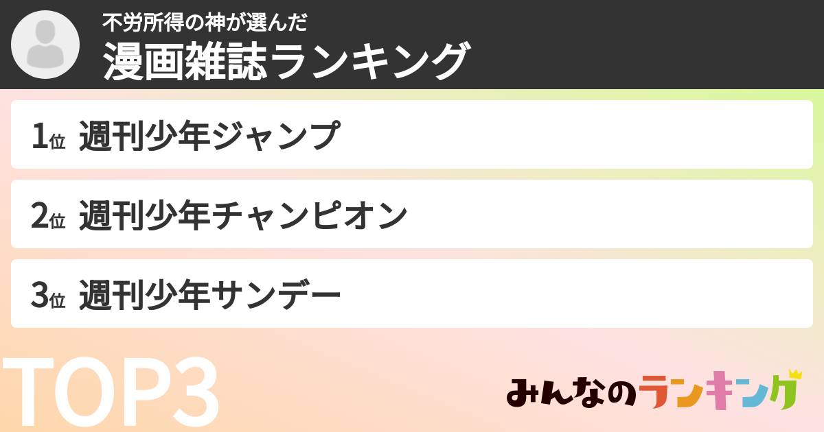 不労所得の神さんの「漫画雑誌ランキング」