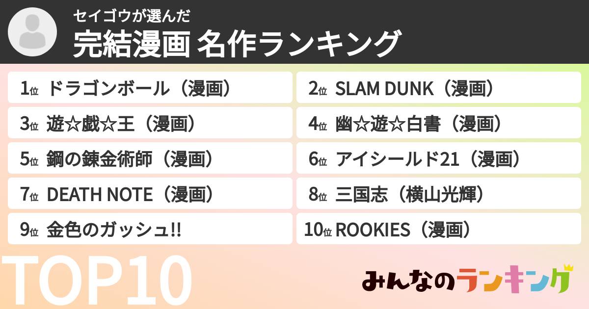 セイゴウさんの「完結漫画 名作ランキング」