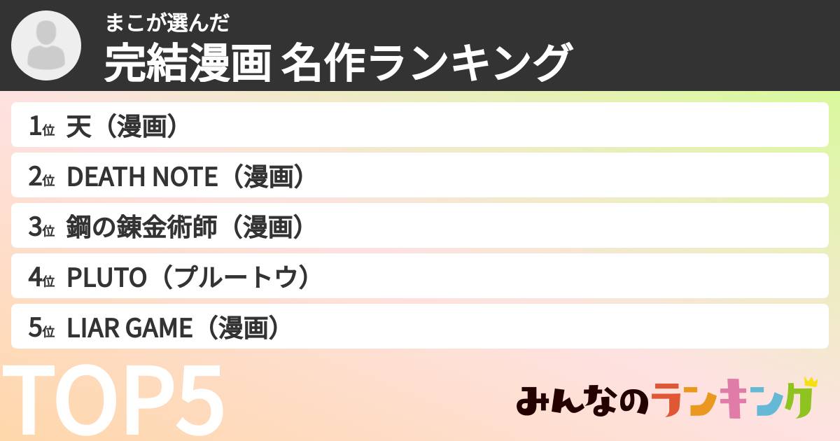 まこさんの「完結漫画 名作ランキング」