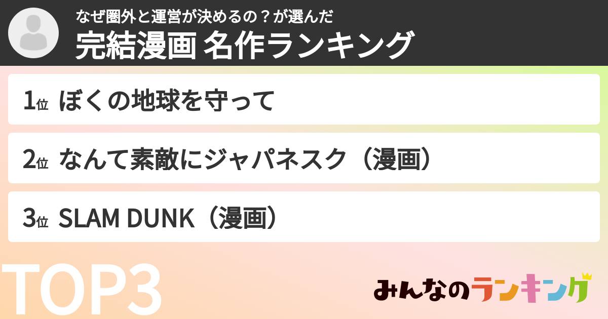 なぜ圏外と運営が決めるの？さんの「完結漫画 名作ランキング」