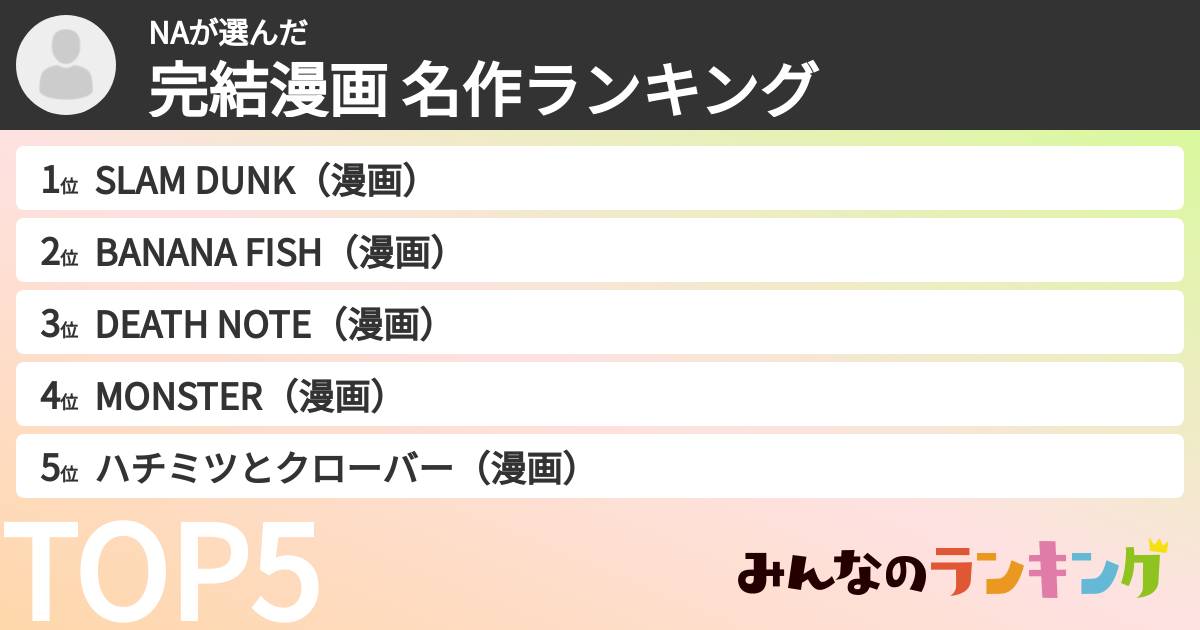 NAさんの「完結漫画 名作ランキング」