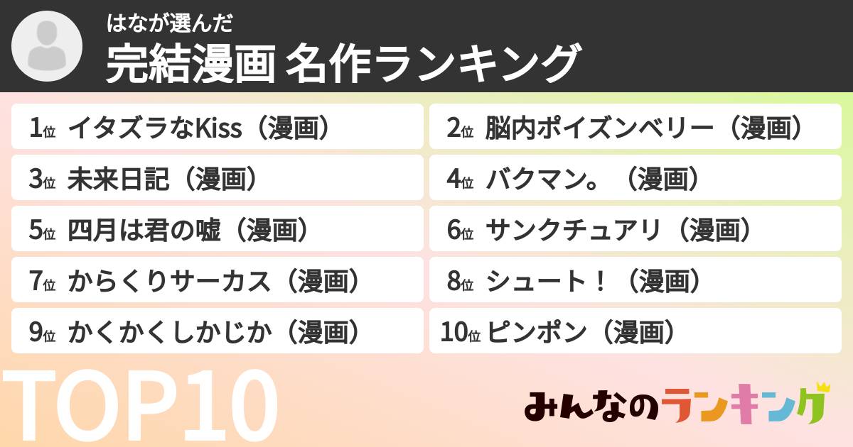 はなさんの「完結漫画 名作ランキング」