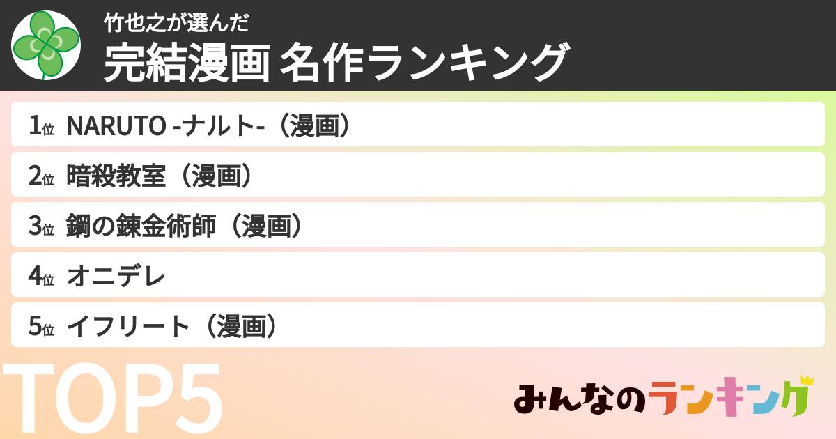 竹也之さんの「完結漫画 名作ランキング」