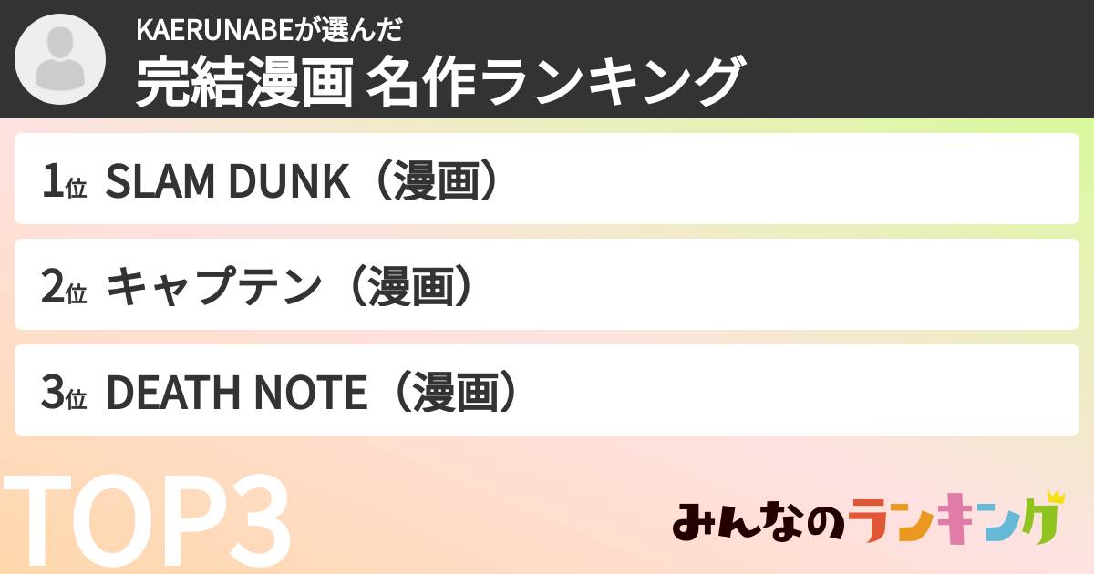 KAERUNABEさんの「完結漫画 名作ランキング」